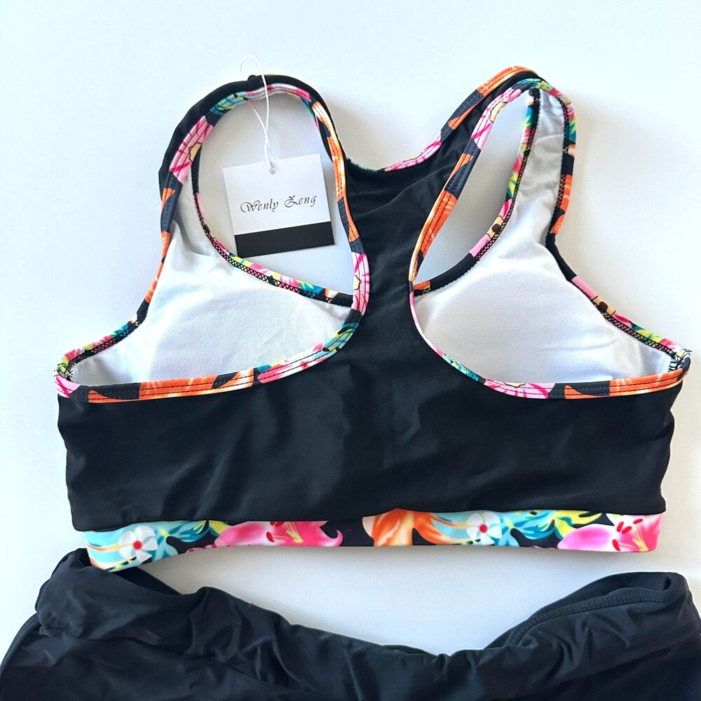 black tankini swimsuit set racerback top high waisted shorts s/m sporty color - Picture 2 of 6